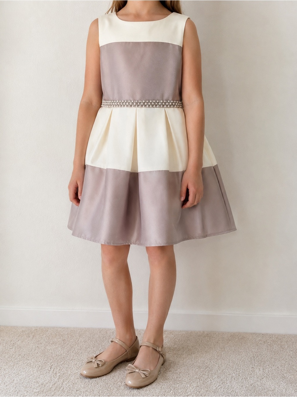 btween Cream and Taupe Satin Party Dress with Jeweled Waist